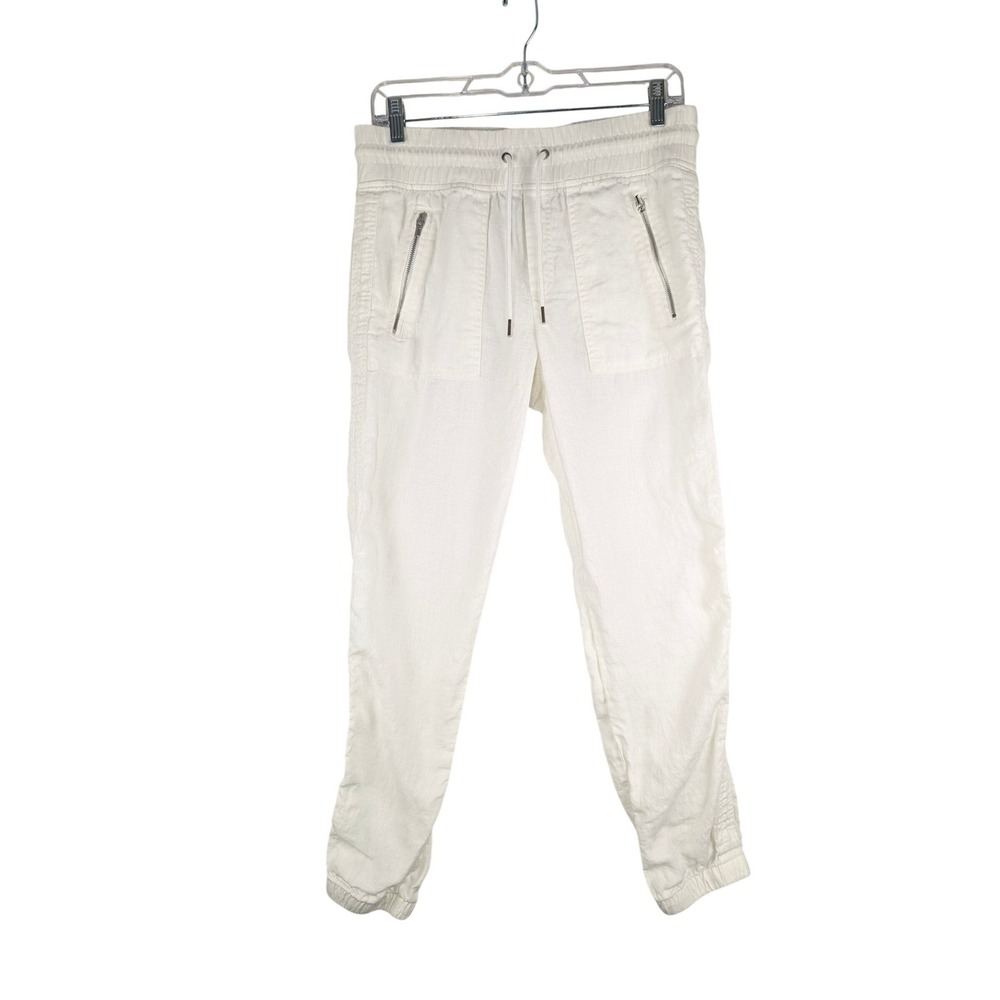 Athleta Cabo Linen Jogger Womens 4 White Smocked Drawstring Zip Pocket Pants